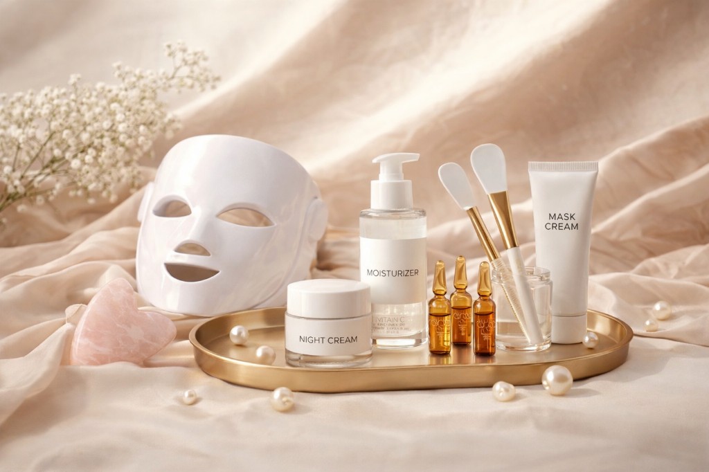Skincare products on gold oval tray with LED mask, gua sha and baby's breath